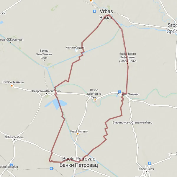 Map miniature of "Vrbas Gravel Loop" cycling inspiration in Autonomous Province of Vojvodina, Serbia. Generated by Tarmacs.app cycling route planner