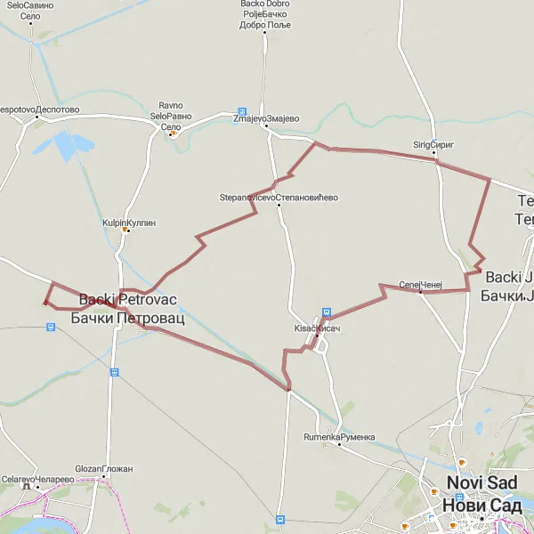 Map miniature of "Scenic Sirig Gravel Loop" cycling inspiration in Autonomous Province of Vojvodina, Serbia. Generated by Tarmacs.app cycling route planner