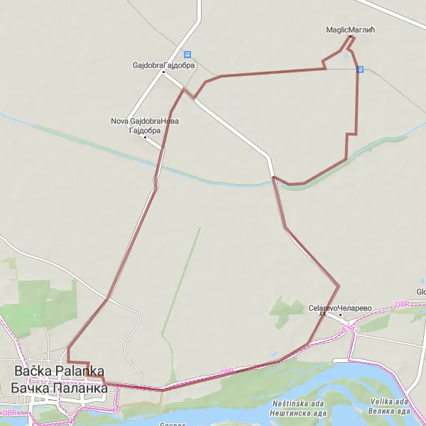 Map miniature of "Maglic Gravel Loop" cycling inspiration in Autonomous Province of Vojvodina, Serbia. Generated by Tarmacs.app cycling route planner