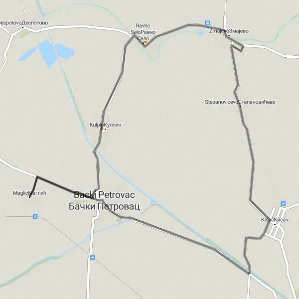 Map miniature of "Stepanovicevo Road Loop" cycling inspiration in Autonomous Province of Vojvodina, Serbia. Generated by Tarmacs.app cycling route planner