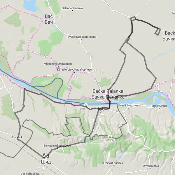 Map miniature of "Bačka Palanka Epic Road Challenge" cycling inspiration in Autonomous Province of Vojvodina, Serbia. Generated by Tarmacs.app cycling route planner