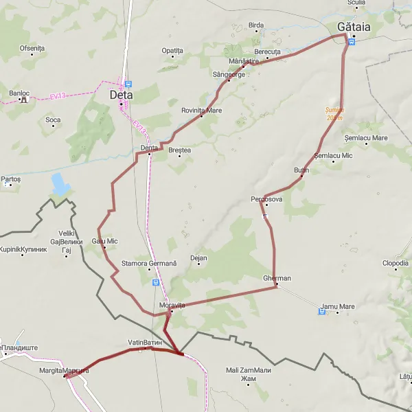 Map miniature of "Vatin and Mânăstire Gravel Route" cycling inspiration in Autonomous Province of Vojvodina, Serbia. Generated by Tarmacs.app cycling route planner