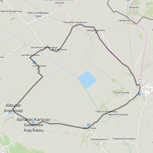 Map miniature of "Margita - Vlajkovac - Nikolinci - Lokve Round-trip Road Cycling Route" cycling inspiration in Autonomous Province of Vojvodina, Serbia. Generated by Tarmacs.app cycling route planner