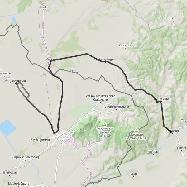 Map miniature of "Vršac and Dealu Corcanu Scenic Road Trip" cycling inspiration in Autonomous Province of Vojvodina, Serbia. Generated by Tarmacs.app cycling route planner