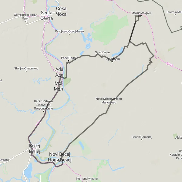 Map miniature of "Serbian countryside and culture" cycling inspiration in Autonomous Province of Vojvodina, Serbia. Generated by Tarmacs.app cycling route planner