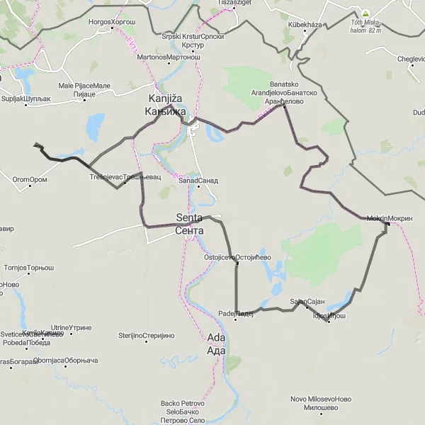 Map miniature of "Kanjiža Adventure Ride" cycling inspiration in Autonomous Province of Vojvodina, Serbia. Generated by Tarmacs.app cycling route planner
