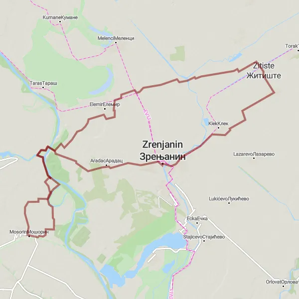 Map miniature of "Mosorin to Zrenjanin Gravel Route" cycling inspiration in Autonomous Province of Vojvodina, Serbia. Generated by Tarmacs.app cycling route planner
