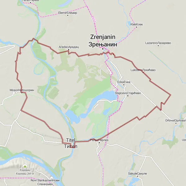 Map miniature of "Zrenjanin Gravel Loop" cycling inspiration in Autonomous Province of Vojvodina, Serbia. Generated by Tarmacs.app cycling route planner