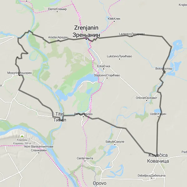 Map miniature of "Mosorin to Titel Route" cycling inspiration in Autonomous Province of Vojvodina, Serbia. Generated by Tarmacs.app cycling route planner