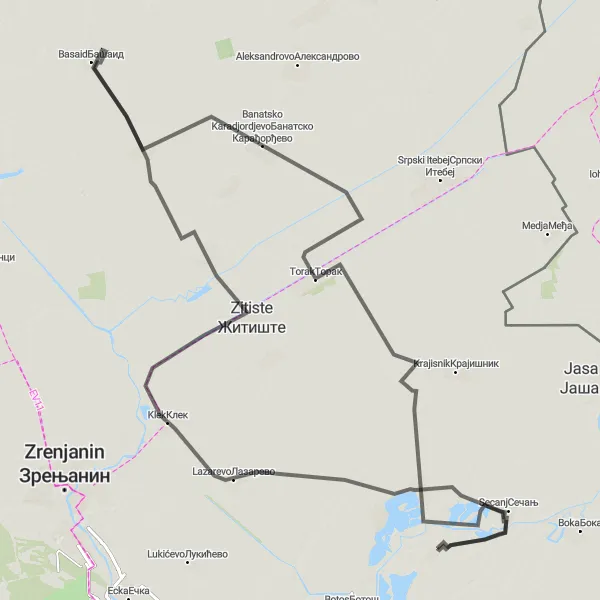 Map miniature of "Circular Road Cycling Route from Neuzina" cycling inspiration in Autonomous Province of Vojvodina, Serbia. Generated by Tarmacs.app cycling route planner