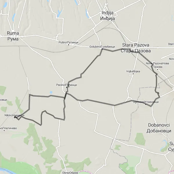 Map miniature of "Pecinci Loop" cycling inspiration in Autonomous Province of Vojvodina, Serbia. Generated by Tarmacs.app cycling route planner
