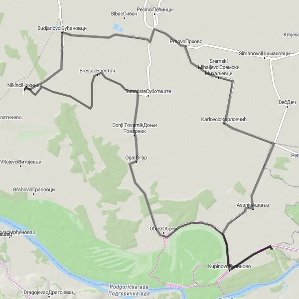 Map miniature of "Budjanovci Circuit" cycling inspiration in Autonomous Province of Vojvodina, Serbia. Generated by Tarmacs.app cycling route planner