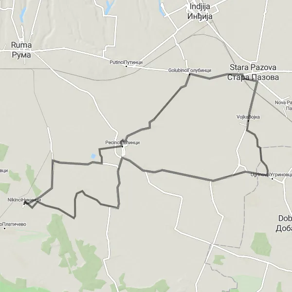 Map miniature of "Road Adventure to Stara Pazova" cycling inspiration in Autonomous Province of Vojvodina, Serbia. Generated by Tarmacs.app cycling route planner
