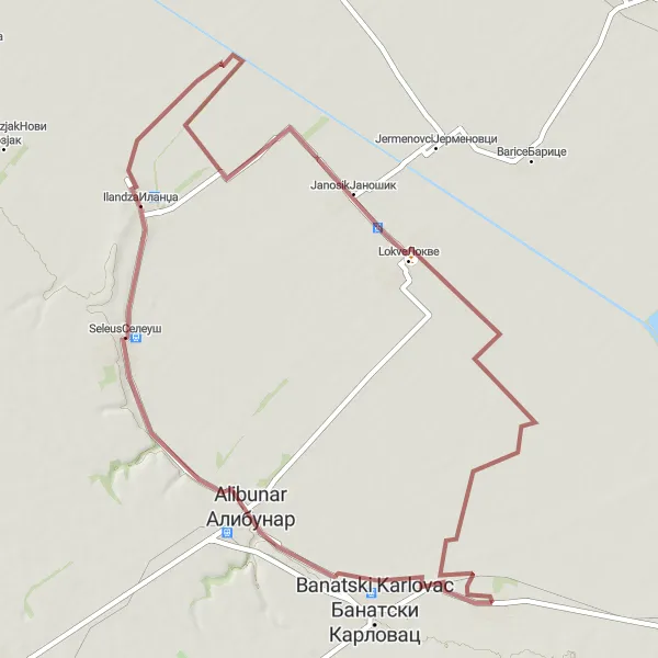 Map miniature of "Alibunar and Nikolinci Gravel Route" cycling inspiration in Autonomous Province of Vojvodina, Serbia. Generated by Tarmacs.app cycling route planner