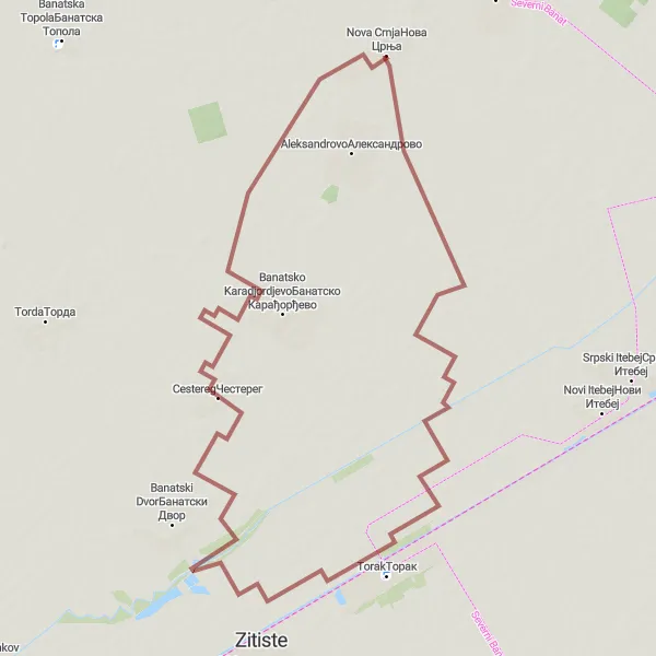 Map miniature of "Cestereg Gravel Loop" cycling inspiration in Autonomous Province of Vojvodina, Serbia. Generated by Tarmacs.app cycling route planner