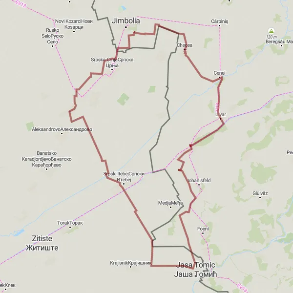 Map miniature of "Jasa Tomic Gravel Adventure" cycling inspiration in Autonomous Province of Vojvodina, Serbia. Generated by Tarmacs.app cycling route planner