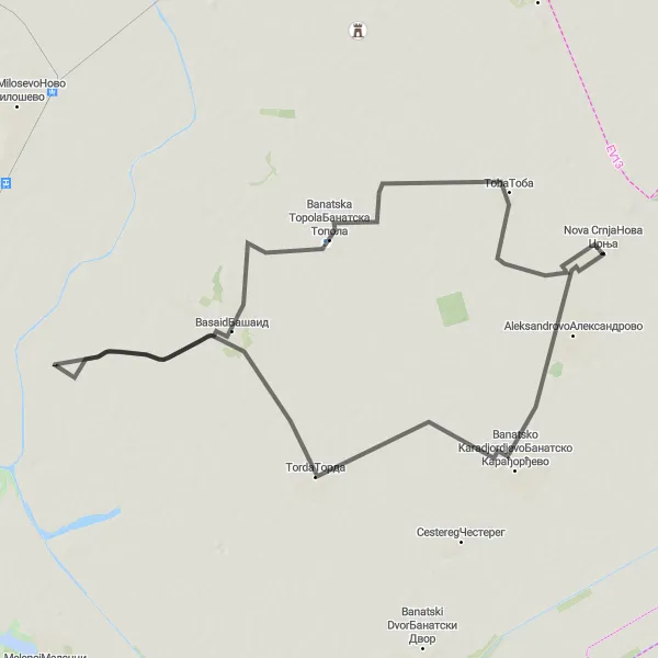 Map miniature of "Banatsko Karadjordjevo Loop" cycling inspiration in Autonomous Province of Vojvodina, Serbia. Generated by Tarmacs.app cycling route planner