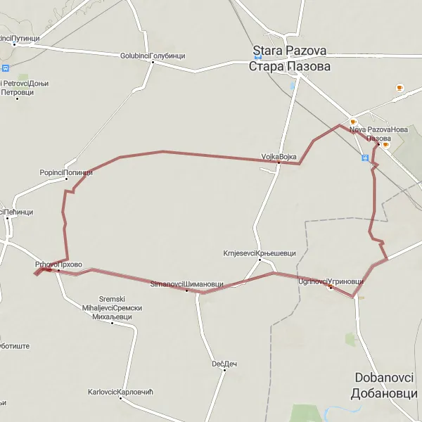 Map miniature of "Gravel Adventure from Nova Pazova" cycling inspiration in Autonomous Province of Vojvodina, Serbia. Generated by Tarmacs.app cycling route planner