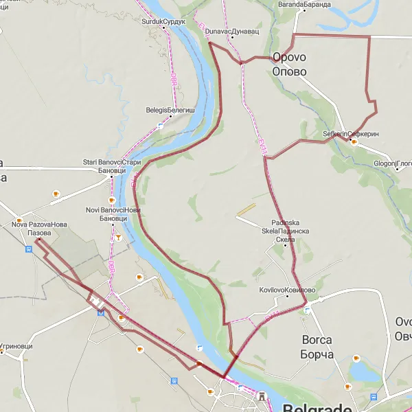 Map miniature of "Padinska Skela Loop" cycling inspiration in Autonomous Province of Vojvodina, Serbia. Generated by Tarmacs.app cycling route planner