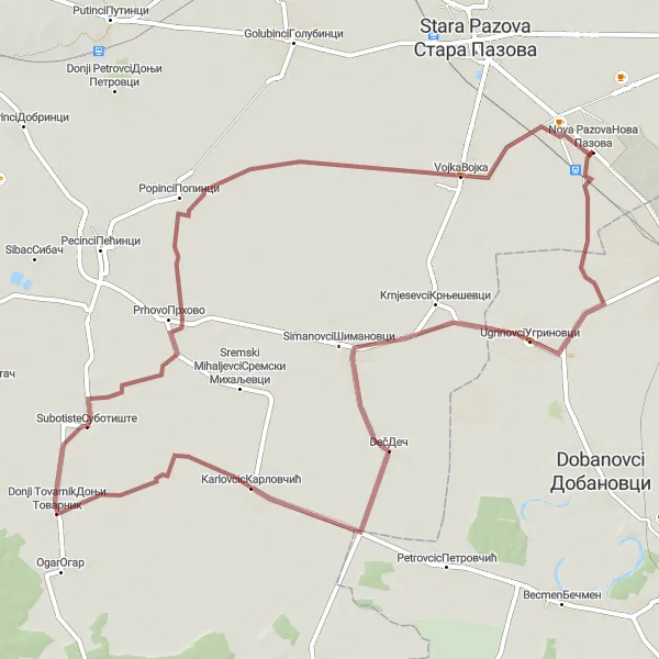 Map miniature of "Ugrinovci Loop" cycling inspiration in Autonomous Province of Vojvodina, Serbia. Generated by Tarmacs.app cycling route planner