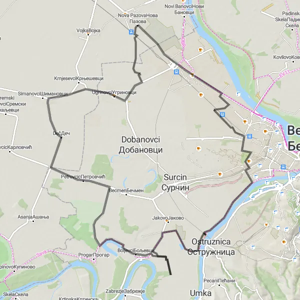 Map miniature of "Sava Loop Road Cycling" cycling inspiration in Autonomous Province of Vojvodina, Serbia. Generated by Tarmacs.app cycling route planner