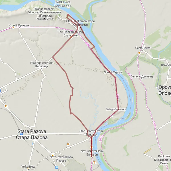 Map miniature of "Banovci Gravel Loop" cycling inspiration in Autonomous Province of Vojvodina, Serbia. Generated by Tarmacs.app cycling route planner