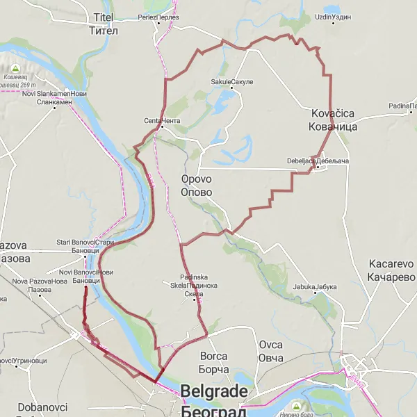 Map miniature of "The Centa Gravel Adventure" cycling inspiration in Autonomous Province of Vojvodina, Serbia. Generated by Tarmacs.app cycling route planner