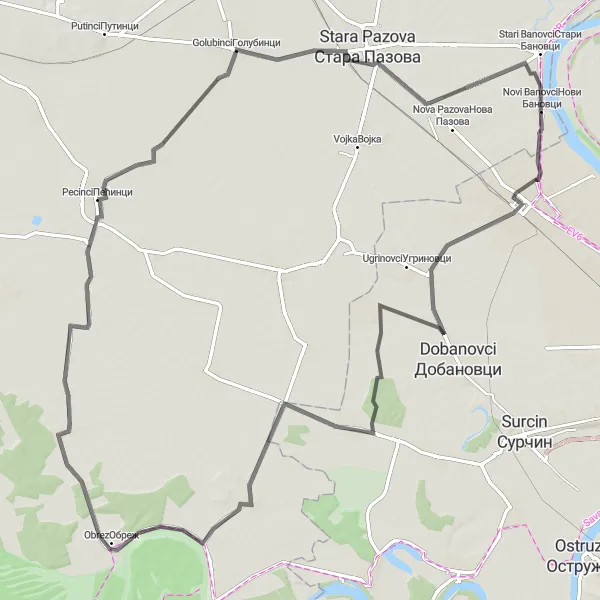 Map miniature of "Novi Banovci Loop" cycling inspiration in Autonomous Province of Vojvodina, Serbia. Generated by Tarmacs.app cycling route planner