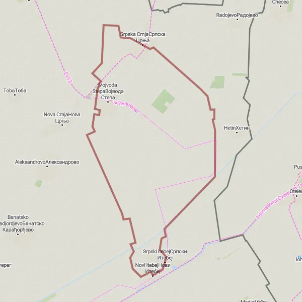 Map miniature of "Gravel Adventure near Novi Itebej" cycling inspiration in Autonomous Province of Vojvodina, Serbia. Generated by Tarmacs.app cycling route planner