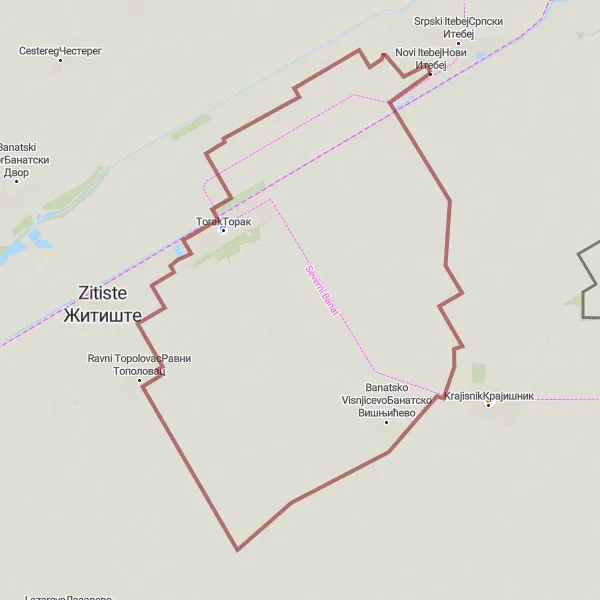 Map miniature of "Novi Itebej Gravel Loop" cycling inspiration in Autonomous Province of Vojvodina, Serbia. Generated by Tarmacs.app cycling route planner