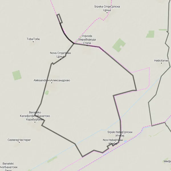 Map miniature of "Serbian Frontier Adventure" cycling inspiration in Autonomous Province of Vojvodina, Serbia. Generated by Tarmacs.app cycling route planner