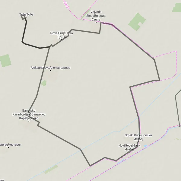 Map miniature of "Open Road Adventure" cycling inspiration in Autonomous Province of Vojvodina, Serbia. Generated by Tarmacs.app cycling route planner