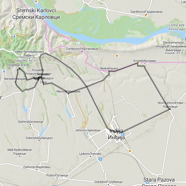 Map miniature of "Novi Karlovci Loop" cycling inspiration in Autonomous Province of Vojvodina, Serbia. Generated by Tarmacs.app cycling route planner