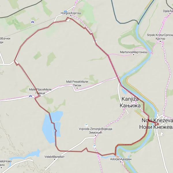 Map miniature of "Novi Knezevac Gravel Loop" cycling inspiration in Autonomous Province of Vojvodina, Serbia. Generated by Tarmacs.app cycling route planner