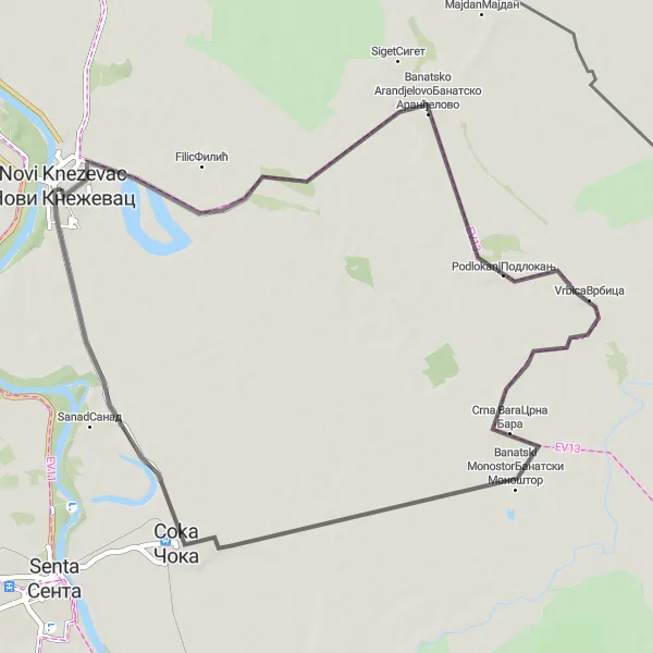 Map miniature of "Novi Knezevac to Novi Knezevac Road Cycling" cycling inspiration in Autonomous Province of Vojvodina, Serbia. Generated by Tarmacs.app cycling route planner