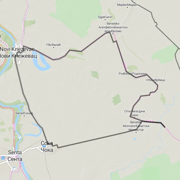 Map miniature of "Novi Knezevac to Novi Knezevac Road Cycling II" cycling inspiration in Autonomous Province of Vojvodina, Serbia. Generated by Tarmacs.app cycling route planner