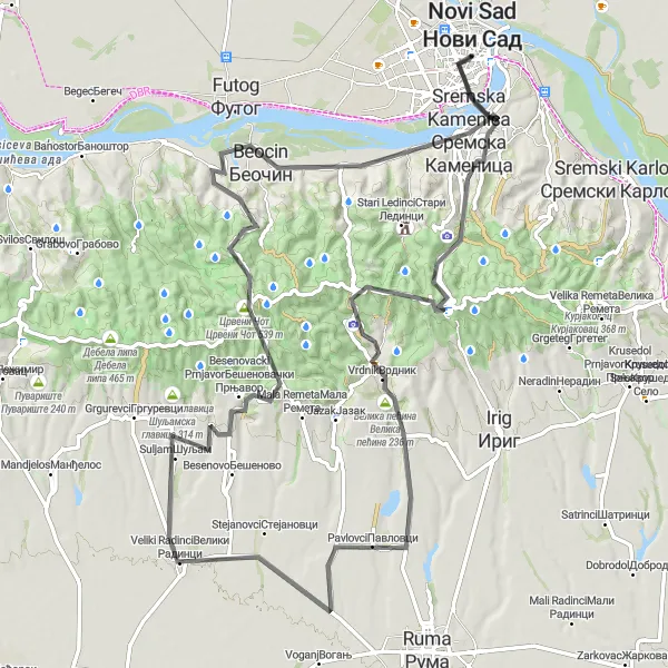 Map miniature of "The Hills of Novi Sad Road Cycling Challenge" cycling inspiration in Autonomous Province of Vojvodina, Serbia. Generated by Tarmacs.app cycling route planner