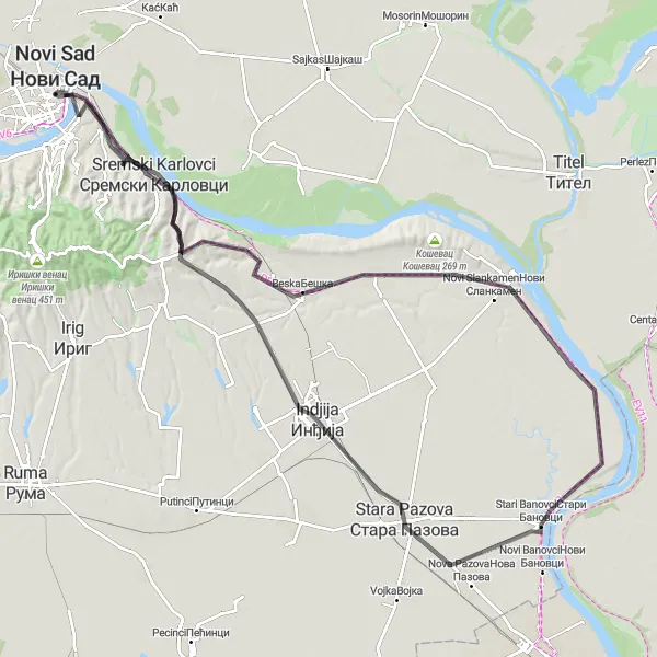 Map miniature of "Novi Sad Heritage Loop" cycling inspiration in Autonomous Province of Vojvodina, Serbia. Generated by Tarmacs.app cycling route planner