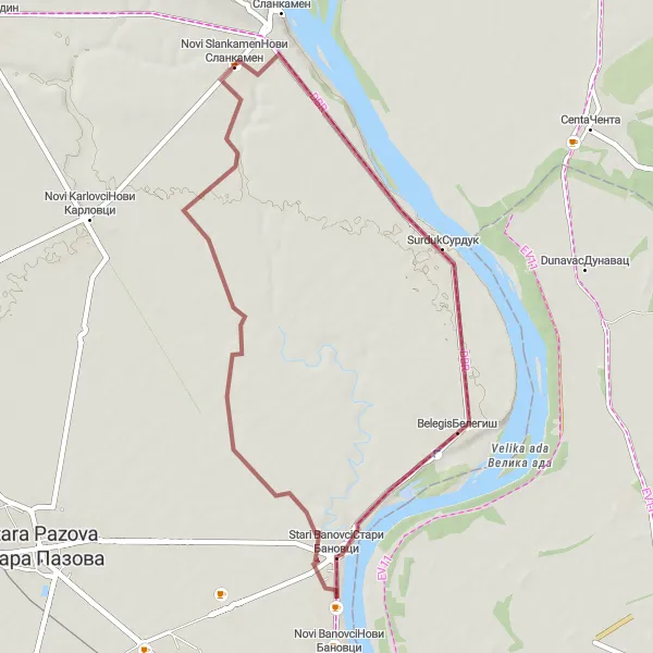 Map miniature of "Novi Slankamen - Belegis - Stari Banovci" cycling inspiration in Autonomous Province of Vojvodina, Serbia. Generated by Tarmacs.app cycling route planner