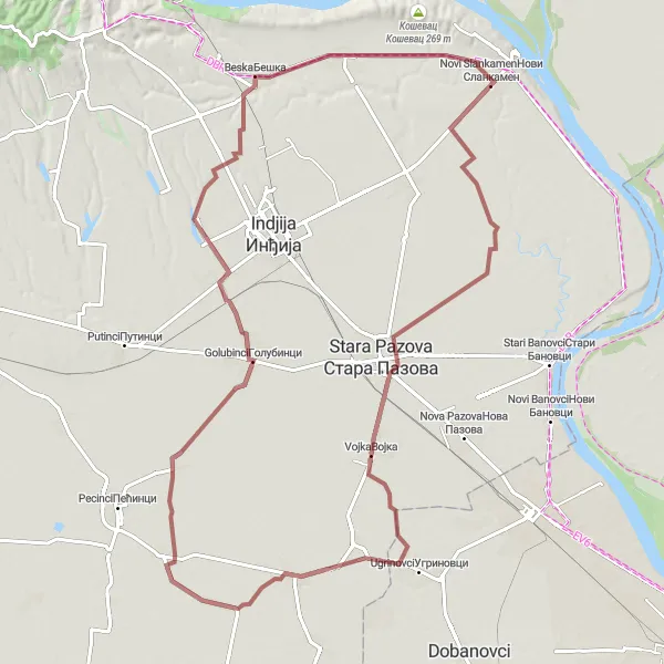 Map miniature of "Vojka and Jarkovci Gravel Route" cycling inspiration in Autonomous Province of Vojvodina, Serbia. Generated by Tarmacs.app cycling route planner