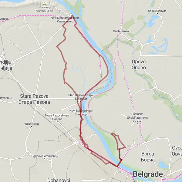 Map miniature of "Belegis and Novi Banovci Gravel Route" cycling inspiration in Autonomous Province of Vojvodina, Serbia. Generated by Tarmacs.app cycling route planner