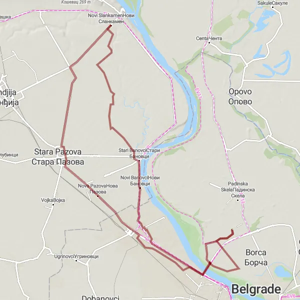 Map miniature of "Novi Slankamen - Novi Banovci - Kovilovo - Batajnica - Novi Karlovci" cycling inspiration in Autonomous Province of Vojvodina, Serbia. Generated by Tarmacs.app cycling route planner