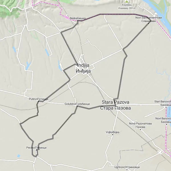 Map miniature of "Novi Slankamen - Novi Karlovci - Stara Pazova - Popinci - Putinci - Beska - Novi Slankamen" cycling inspiration in Autonomous Province of Vojvodina, Serbia. Generated by Tarmacs.app cycling route planner