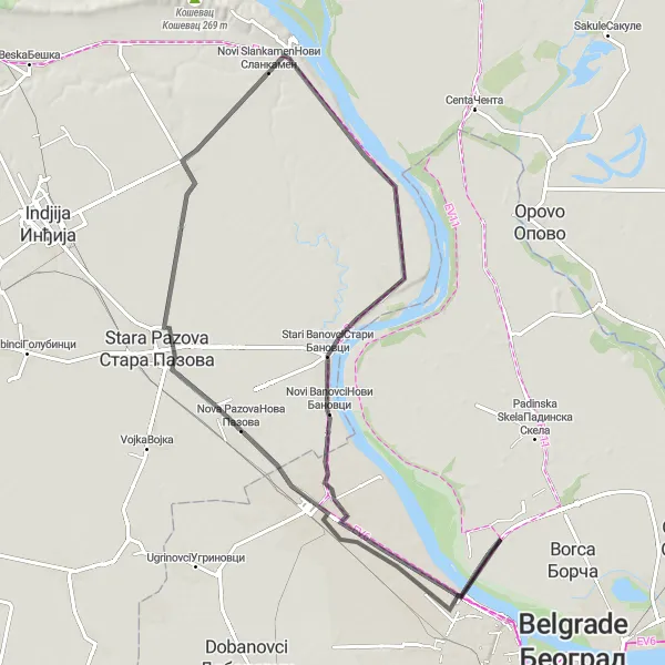 Map miniature of "Stari Banovci and Batajnica Road Route" cycling inspiration in Autonomous Province of Vojvodina, Serbia. Generated by Tarmacs.app cycling route planner