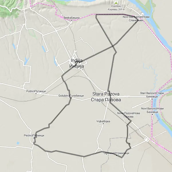 Map miniature of "Novi Slankamen - Novi Karlovci - Nova Pazova - Simanovci - Popinci - Golubinci - Indjija - Krcedin" cycling inspiration in Autonomous Province of Vojvodina, Serbia. Generated by Tarmacs.app cycling route planner