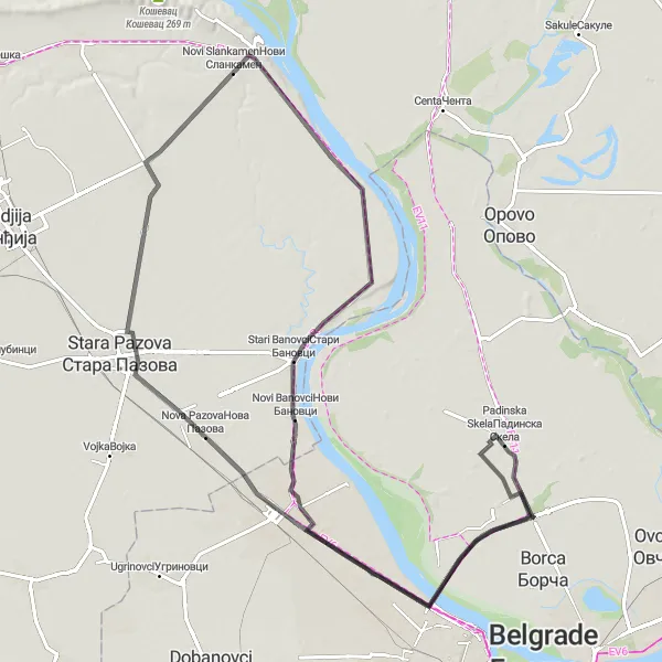 Map miniature of "Padinska Skela and Novi Karlovci Road Route" cycling inspiration in Autonomous Province of Vojvodina, Serbia. Generated by Tarmacs.app cycling route planner