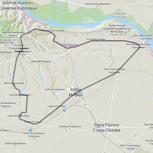 Map miniature of "Novi Slankamen - Indjija - Putinci - Krusedol Prnjavor - Vrhovi - Krcedin - Novi Slankamen" cycling inspiration in Autonomous Province of Vojvodina, Serbia. Generated by Tarmacs.app cycling route planner