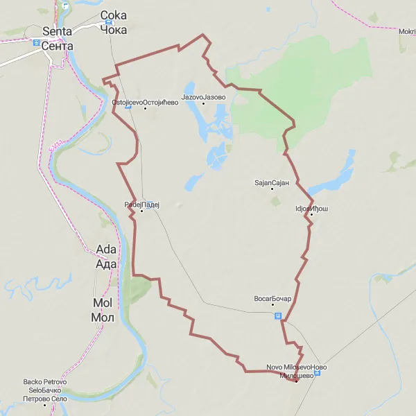 Map miniature of "Idyllic Gravel Ride" cycling inspiration in Autonomous Province of Vojvodina, Serbia. Generated by Tarmacs.app cycling route planner