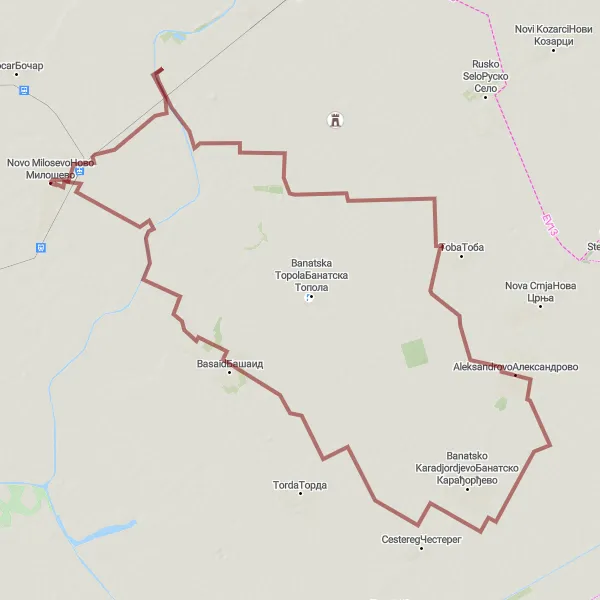 Map miniature of "Scenic Gravel Adventure" cycling inspiration in Autonomous Province of Vojvodina, Serbia. Generated by Tarmacs.app cycling route planner