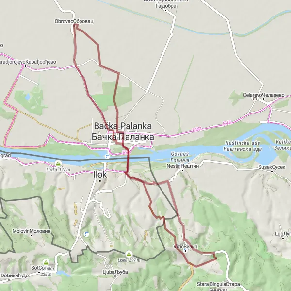 Map miniature of "Obrovac Gravel Route" cycling inspiration in Autonomous Province of Vojvodina, Serbia. Generated by Tarmacs.app cycling route planner